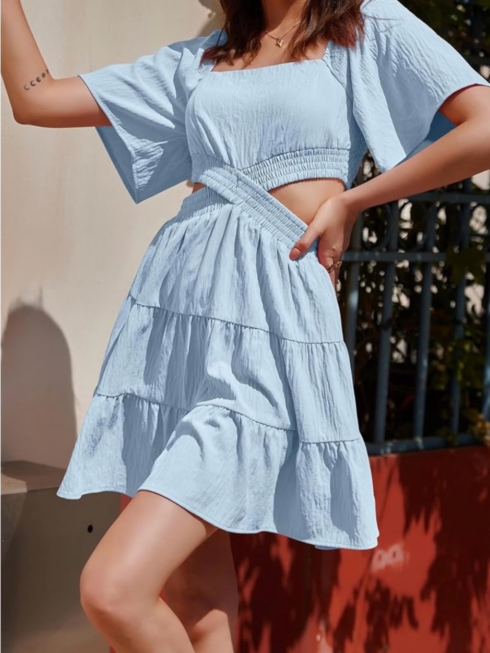 Sky Blue Puff-Sleeve Cutout Mini Dress